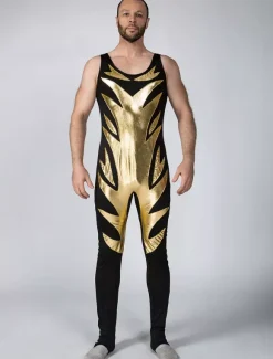 Black Shiny Metallic Wrestling Sleevesless Singlet with Golden Pattern Bodysuit