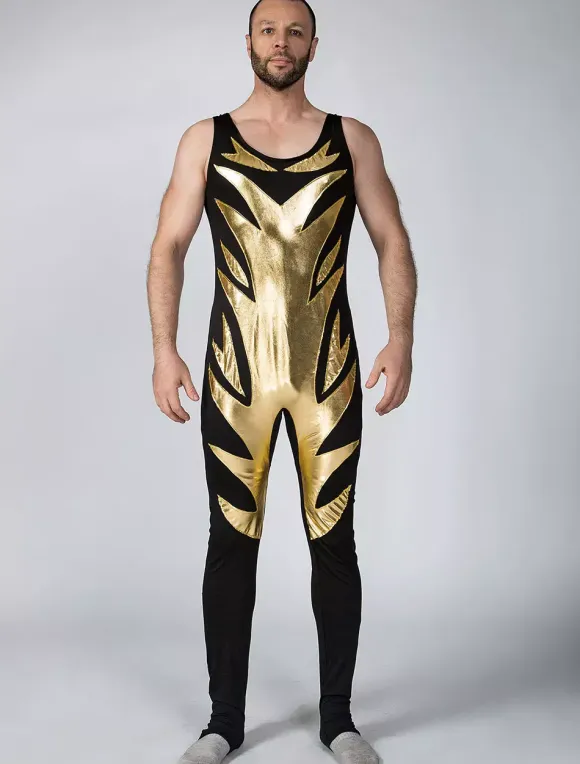 Black Shiny Metallic Wrestling Sleevesless Singlet with Golden Pattern Bodysuit