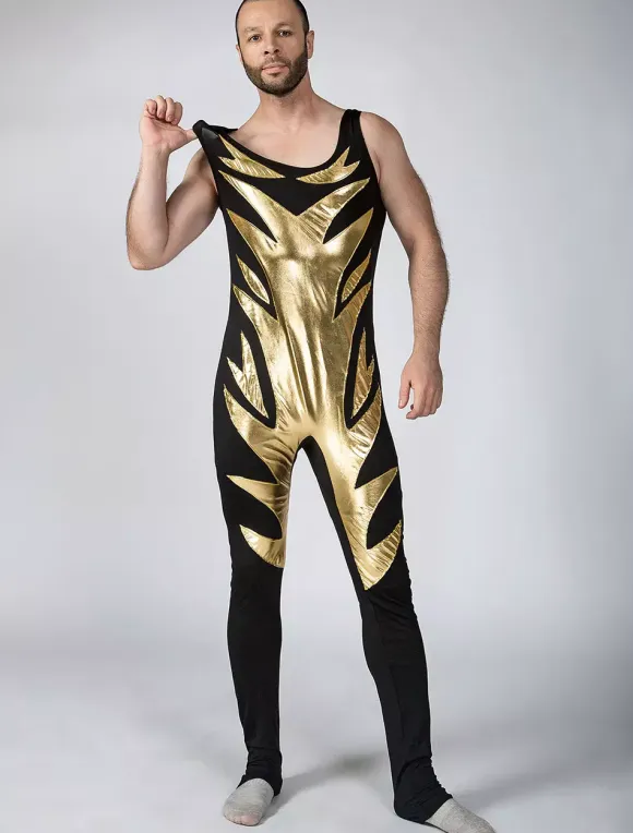 Black Shiny Metallic Wrestling Sleevesless Singlet with Golden Pattern Bodysuit
