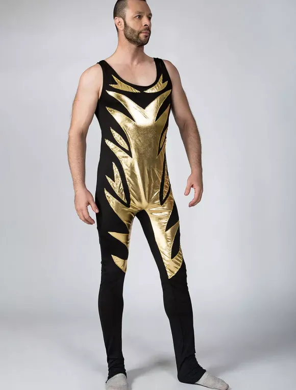 Black Shiny Metallic Wrestling Sleevesless Singlet with Golden Pattern Bodysuit