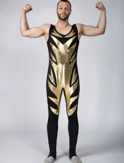 Black Shiny Metallic Wrestling Sleevesless Singlet with Golden Pattern Bodysuit