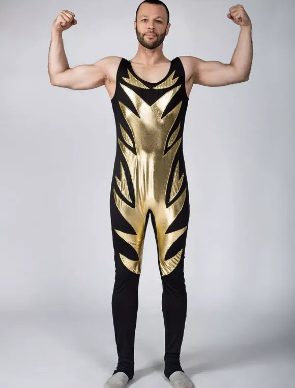 Black Shiny Metallic Wrestling Sleevesless Singlet with Golden Pattern Bodysuit