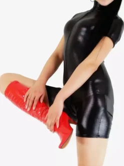 Black Short Sleeve Half Length Shiny Metallic Catsuit