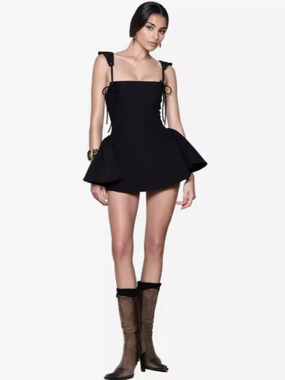 Black Strap Flared Mini Dress With Lace-up Back 2026
