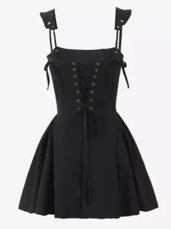 Black Strap Flared Mini Dress With Lace-up Back 2026