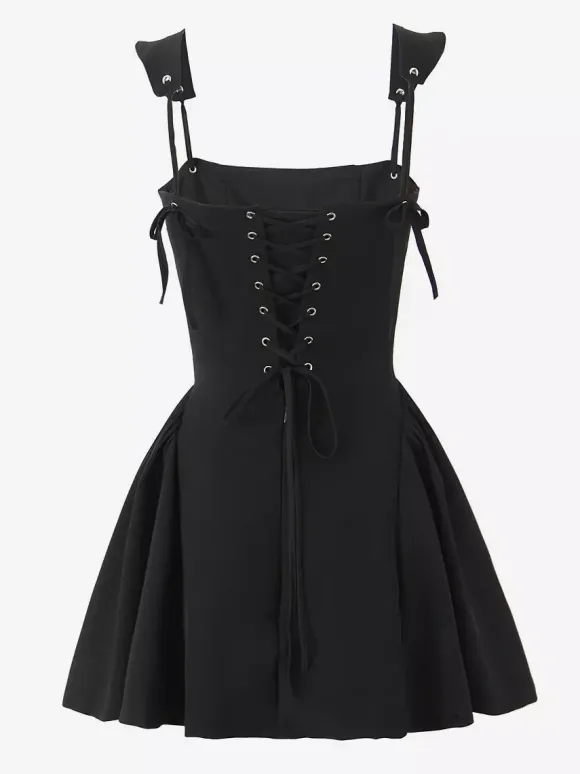 Black Strap Flared Mini Dress With Lace-up Back 2026