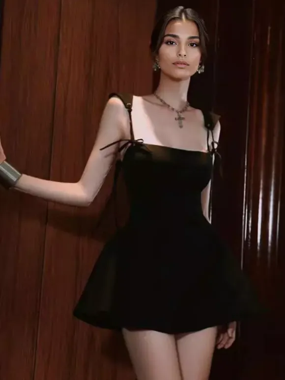 Black Strap Flared Mini Dress With Lace-up Back 2026