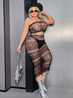 Black Strapless Sheer Lace Midi Dress Cutout Waist See Through Bodycon Club Dress