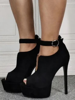 Black Suede Summer Boots Peep Toe Platform Stiletto Heel Ankle Strap Boots