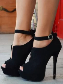 Black Suede Summer Boots Peep Toe Platform Stiletto Heel Ankle Strap Boots