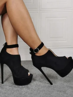 Black Suede Summer Boots Peep Toe Platform Stiletto Heel Ankle Strap Boots