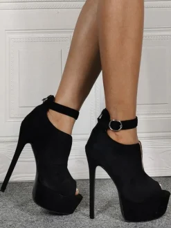 Black Suede Summer Boots Peep Toe Platform Stiletto Heel Ankle Strap Boots
