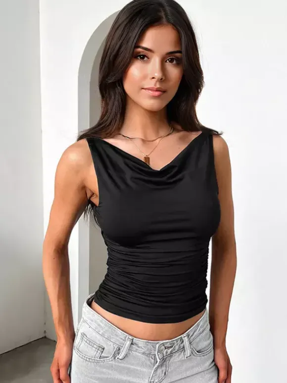 Black Tanks Top Sleeveless V-back Ruched Summer Top For Women 2026