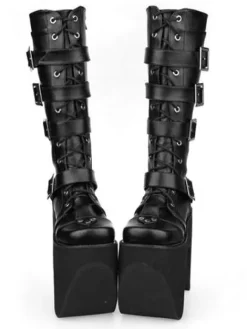 Black Thick Sole Buckle Leather Round Toe Lolita Boots