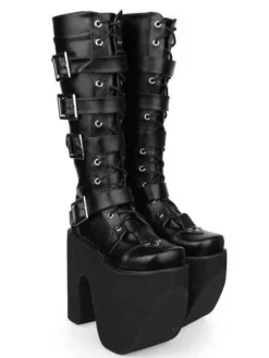 Black Thick Sole Buckle Leather Round Toe Lolita Boots