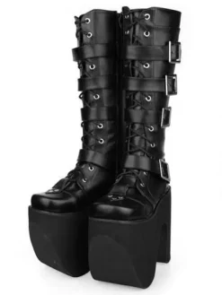 Black Thick Sole Buckle Leather Round Toe Lolita Boots