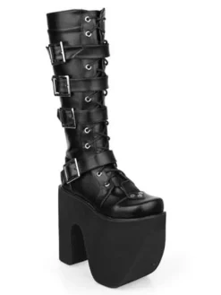 Black Thick Sole Buckle Leather Round Toe Lolita Boots