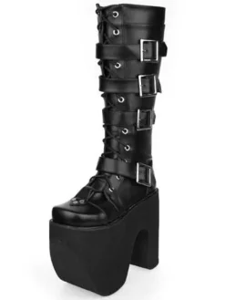 Black Thick Sole Buckle Leather Round Toe Lolita Boots
