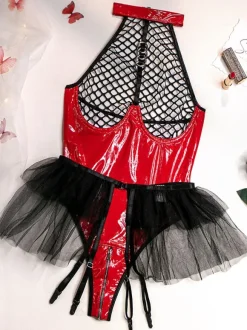 Black Two-Tone Piping Stretch Tulle Teddies For Women Lingerie