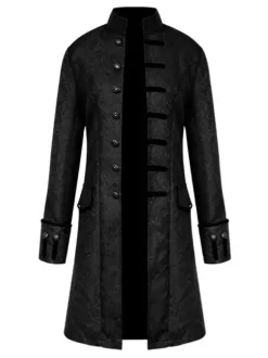 Black Vintage Coat Stand Collar Button Up Jacquard Middle Ages Overcoat Retro Costumes For Man