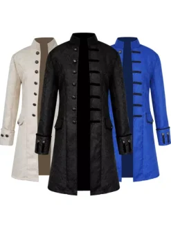 Black Vintage Coat Stand Collar Button Up Jacquard Middle Ages Overcoat Retro Costumes For Man