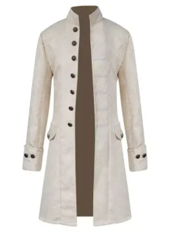 Black Vintage Coat Stand Collar Button Up Jacquard Middle Ages Overcoat Retro Costumes For Man