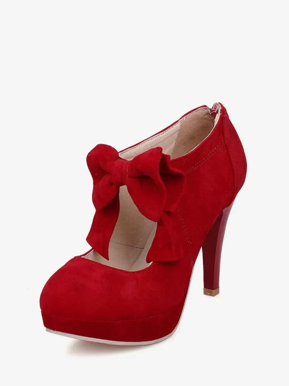 Black Vintage Heels Platform Round Toe Bowtie Mary Jane Heeled Pumps