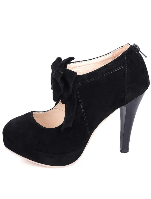 Black Vintage Heels Platform Round Toe Bowtie Mary Jane Heeled Pumps