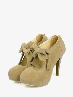 Black Vintage Heels Platform Round Toe Bowtie Mary Jane Heeled Pumps
