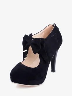 Black Vintage Heels Platform Round Toe Bowtie Mary Jane Heeled Pumps