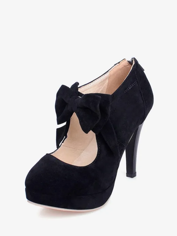 Black Vintage Heels Platform Round Toe Bowtie Mary Jane Heeled Pumps