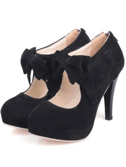 Black Vintage Heels Platform Round Toe Bowtie Mary Jane Heeled Pumps