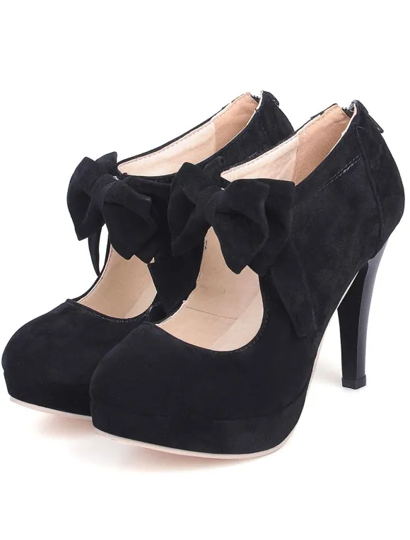 Black Vintage Heels Platform Round Toe Bowtie Mary Jane Heeled Pumps