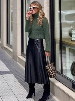 Black Vintage Pleated Faux Leather Midi Skirt With Double Buckle For Women 2026