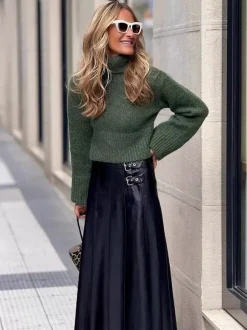 Black Vintage Pleated Faux Leather Midi Skirt With Double Buckle For Women 2026