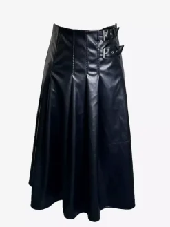 Black Vintage Pleated Faux Leather Midi Skirt With Double Buckle For Women 2026