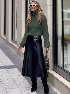 Black Vintage Pleated Faux Leather Midi Skirt With Double Buckle For Women 2026
