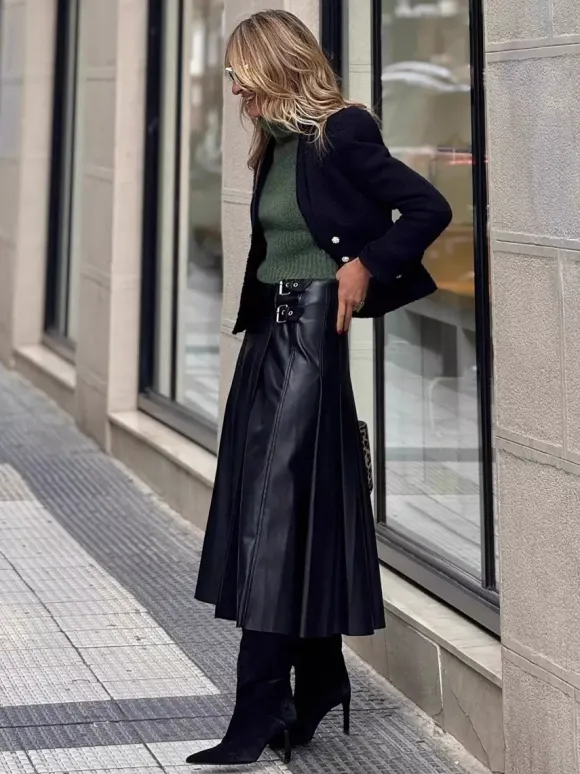 Black Vintage Pleated Faux Leather Midi Skirt With Double Buckle For Women 2026