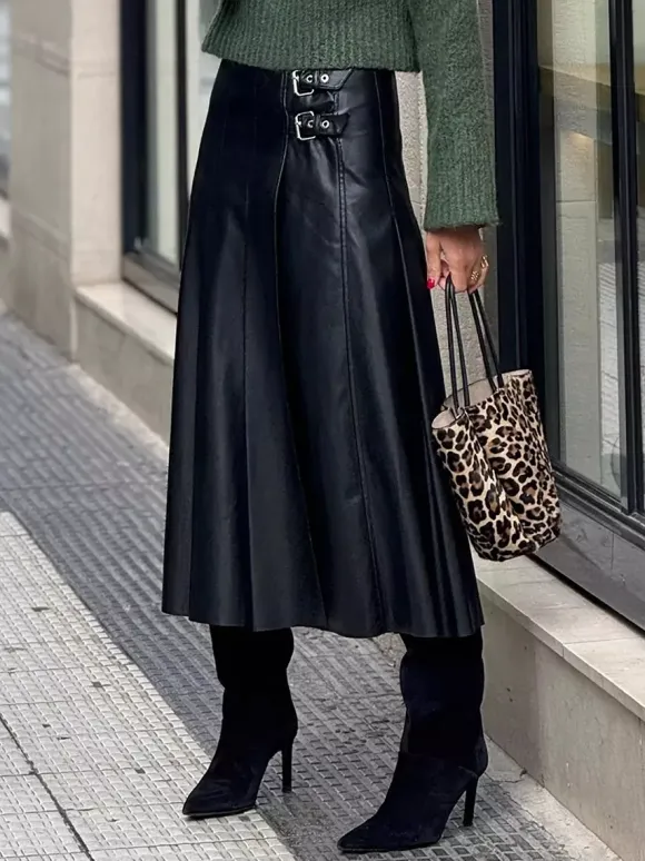 Black Vintage Pleated Faux Leather Midi Skirt With Double Buckle For Women 2026