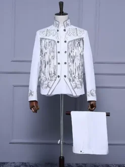 Black Vintage Set Middle Ages Buttons Fringe Long Sleeves Retro Costumes Set For Man