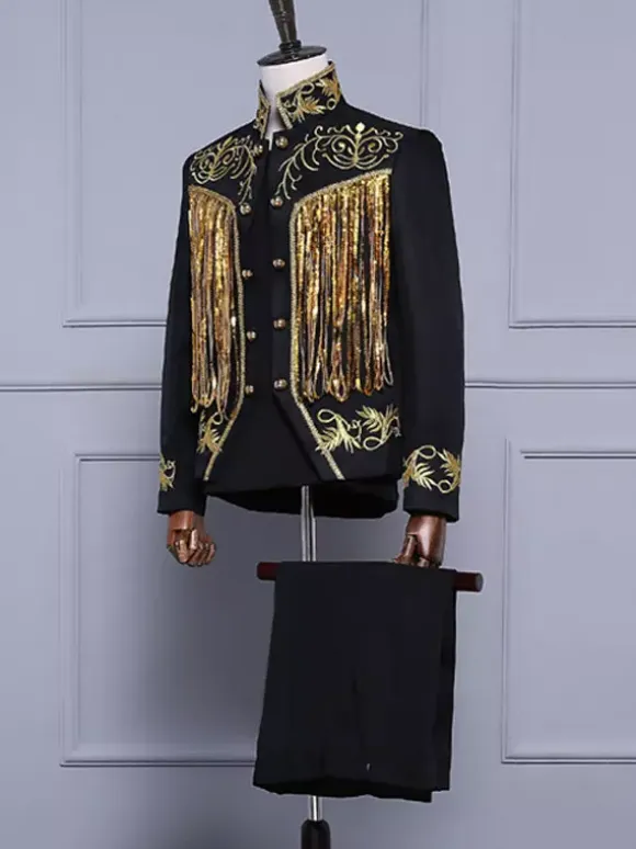 Black Vintage Set Middle Ages Buttons Fringe Long Sleeves Retro Costumes Set For Man