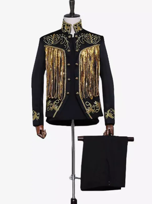 Black Vintage Set Middle Ages Buttons Fringe Long Sleeves Retro Costumes Set For Man