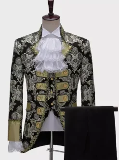 Black Vintage Set Middle Ages Buttons Jacquard Long Sleeves Retro Costumes Set For Man