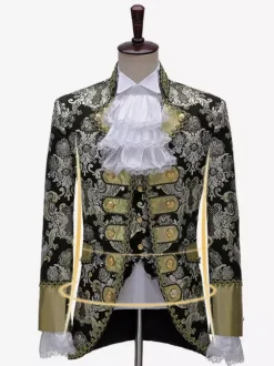 Black Vintage Set Middle Ages Buttons Jacquard Long Sleeves Retro Costumes Set For Man