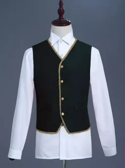 Black Vintage Set Retro Applique Buttons Hearts Pattern Long Sleeves Polyester Overcoat Retro Costumes For Man