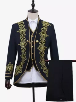 Black Vintage Set Retro Applique Buttons Hearts Pattern Long Sleeves Polyester Overcoat Retro Costumes For Man