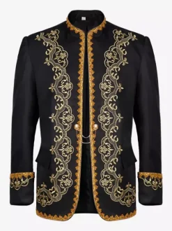 Black Vintage Top Retro Embroidered Long Sleeves Polyester Polyester Fiber Overcoat Retro Costumes For Man