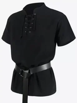 Black Vintage Top Retro Lace Up Short Sleeves Polyester Polyester Fiber Shirt Retro Costumes For Man