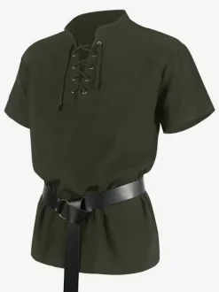 Black Vintage Top Retro Lace Up Short Sleeves Polyester Polyester Fiber Shirt Retro Costumes For Man