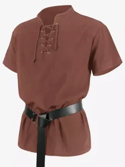 Black Vintage Top Retro Lace Up Short Sleeves Polyester Polyester Fiber Shirt Retro Costumes For Man